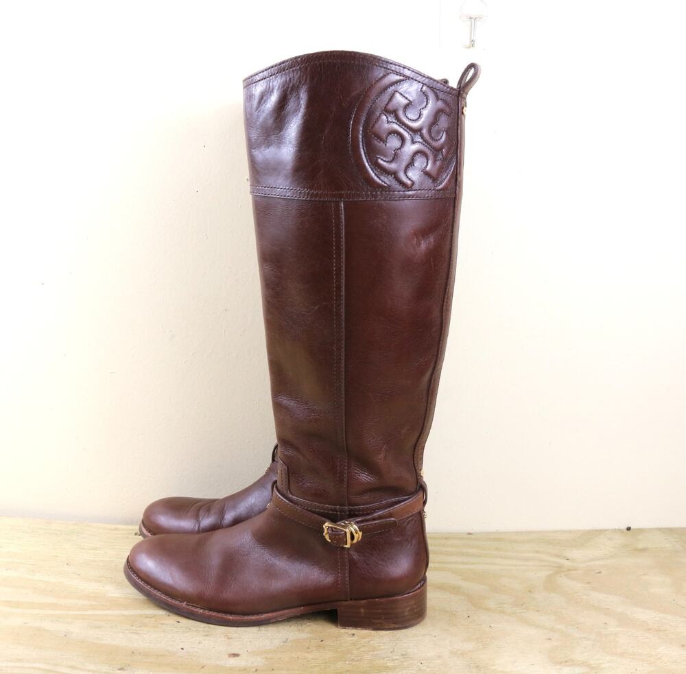 Tory Burch Boots 9M Brown Leather Marlene Riding Gold Buckle Shoes